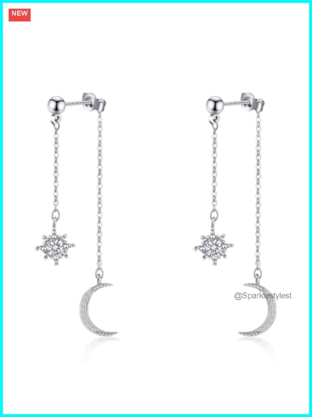 Moon Star Dangle Drop Earrings 925 Sterling Silver Cubic Zirconia